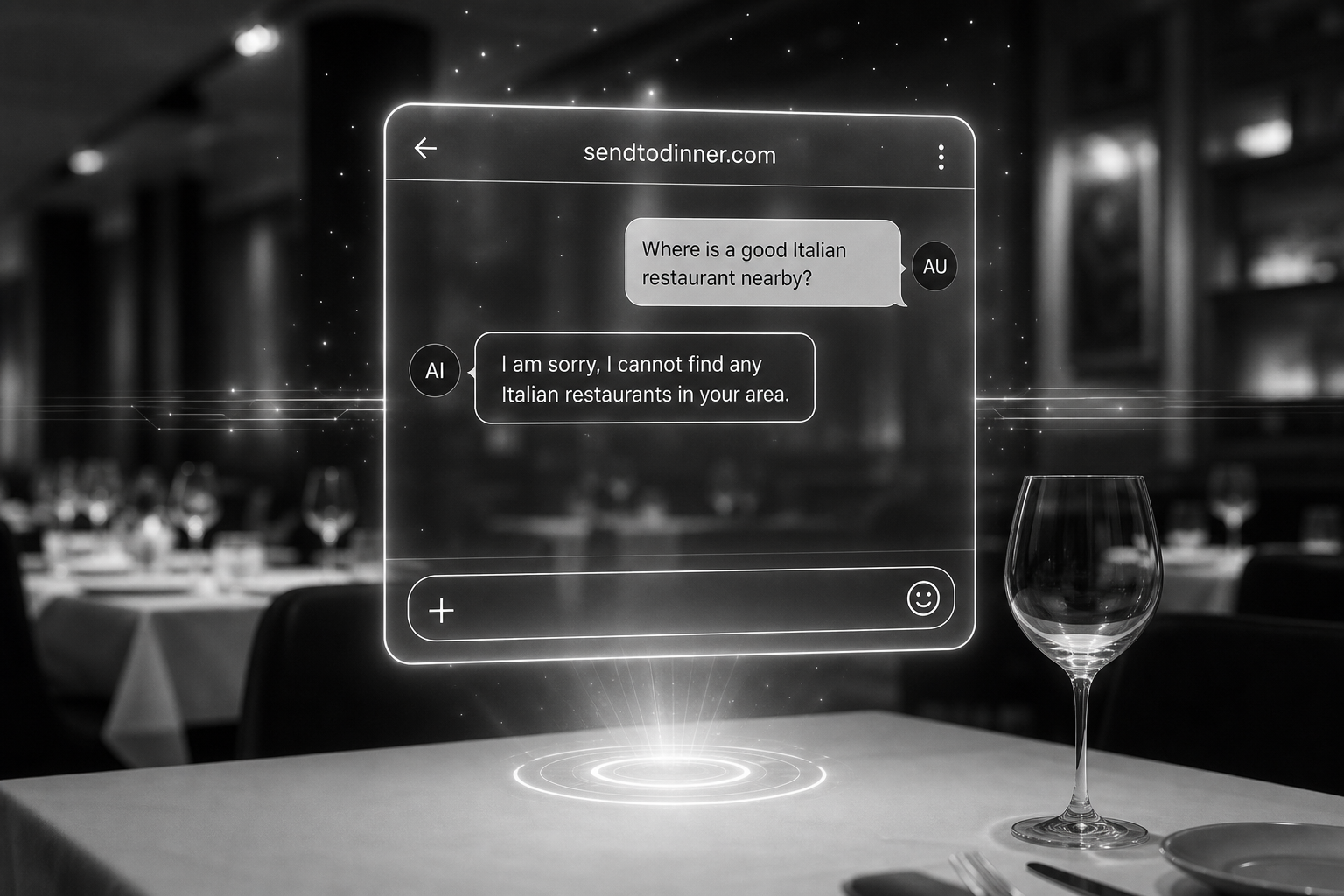 A diner asks an AI for a nearby Italian restaurant; the model cannot find one.